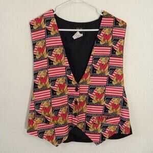 Vintage Blue Red Vest Button up Women size XL USA Flag Teddy Bear Pattern